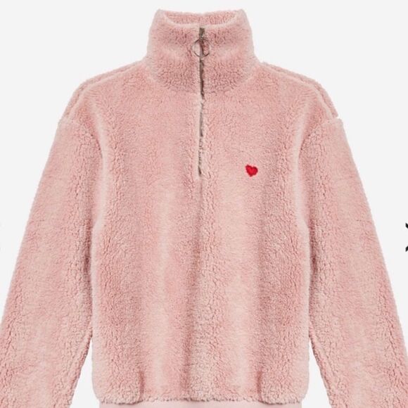 Topshop Borg Pink Sherpa Quarter Zip Jacket/Pullover w/Red Heart Size 6. EUC! - Picture 2 of 8